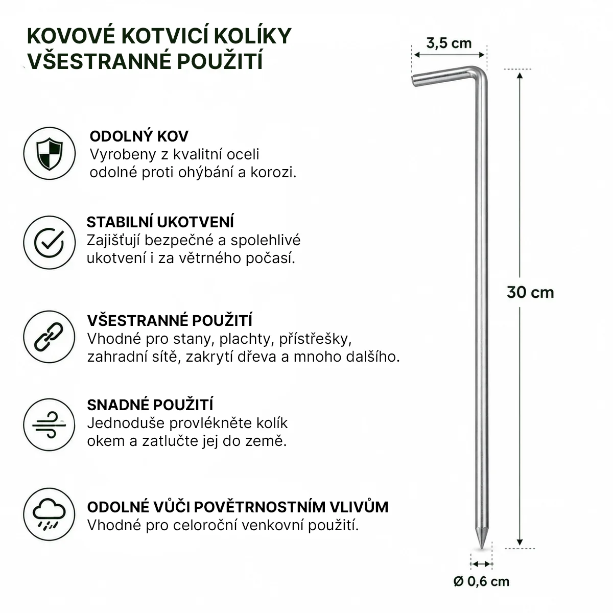 Kovové upevňovací kolíky pro stany a plachty 30 cm – 10 ks