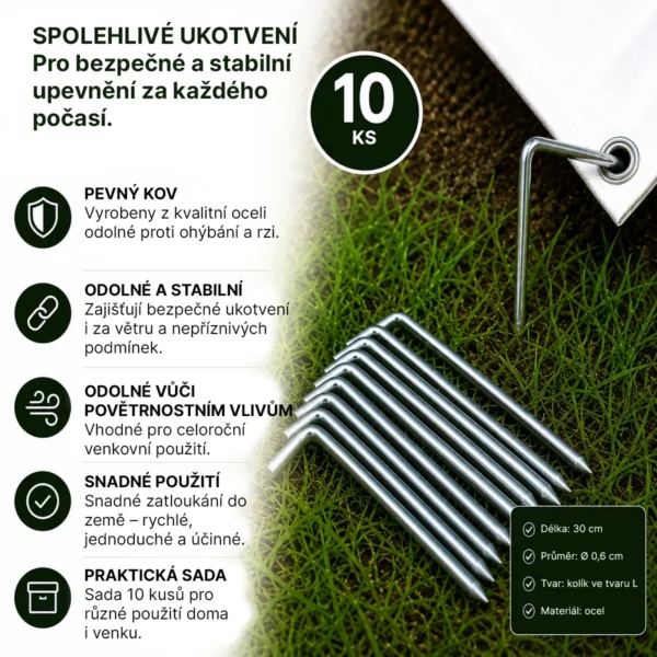 Kovové upevňovací kolíky pro stany a plachty 30 cm – 10 ks