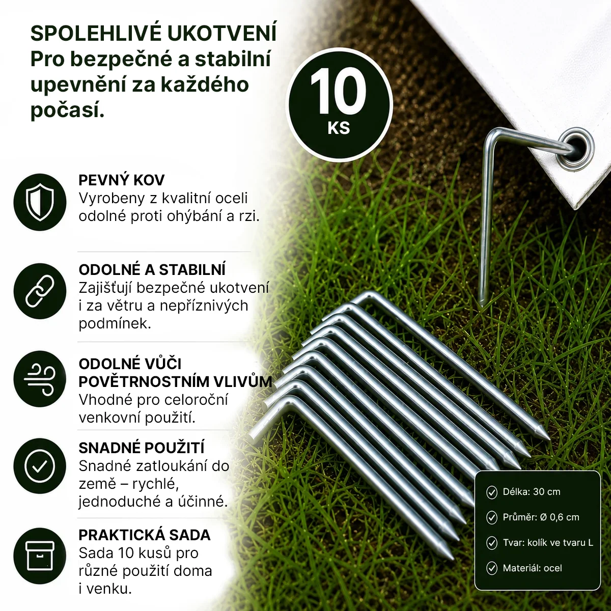 Kovové upevňovací kolíky pro stany a plachty 30 cm – 10 ks